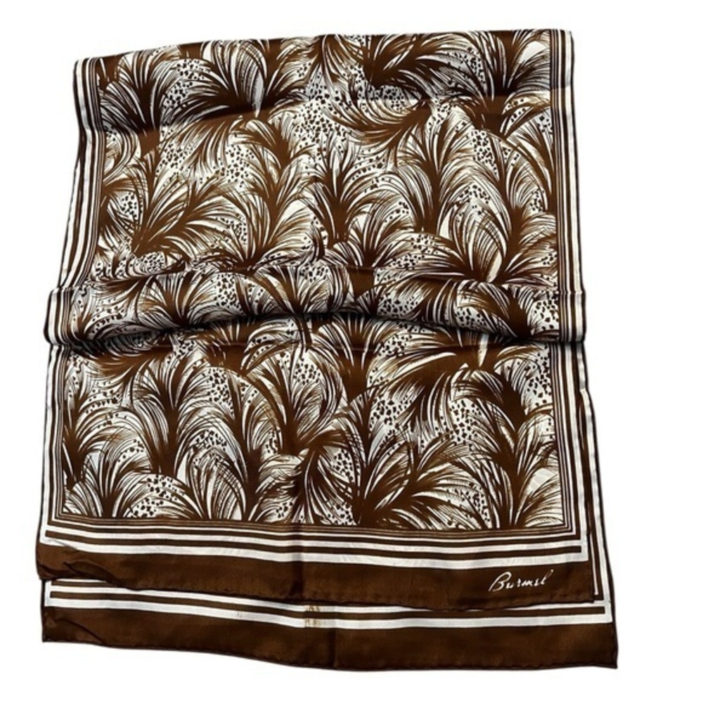 Vintage Burmel Hand Rolled Oblong Brown & White Frond Print Silk Scarf 15x 43